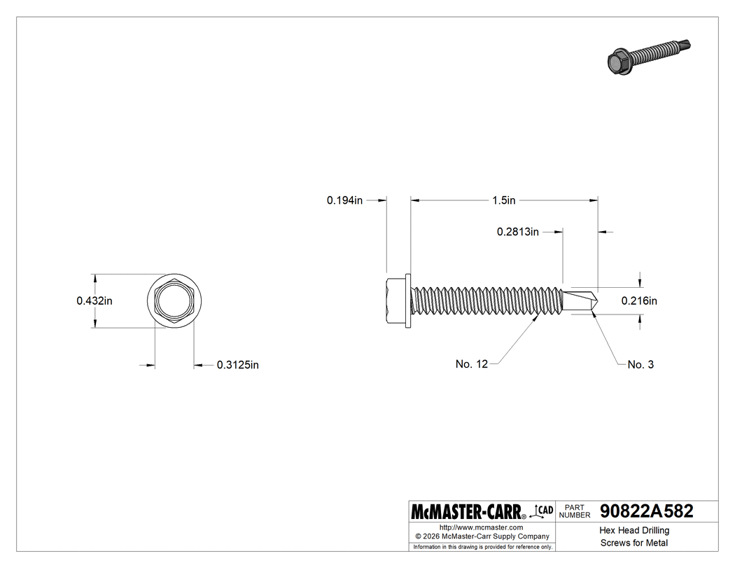 Technical Drawing of 410 Stainless Steel Flanged Hex Head Drilling Screw, Number 12 Screw Size, 1-1/2" Long.